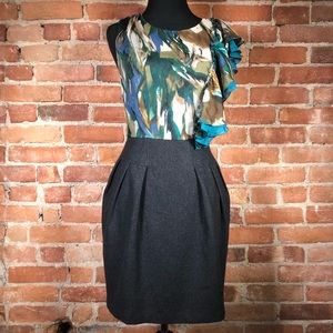 Sleeveless Teal and Charcoal Printed Bodice Sheath Dress